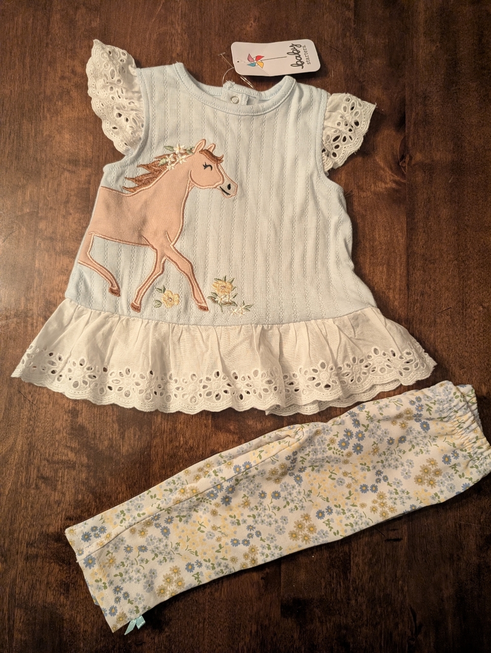 Light Blue Baby Dress & Floral Leggings Set with Horse Appliqué/ Nwt/ 12 Months